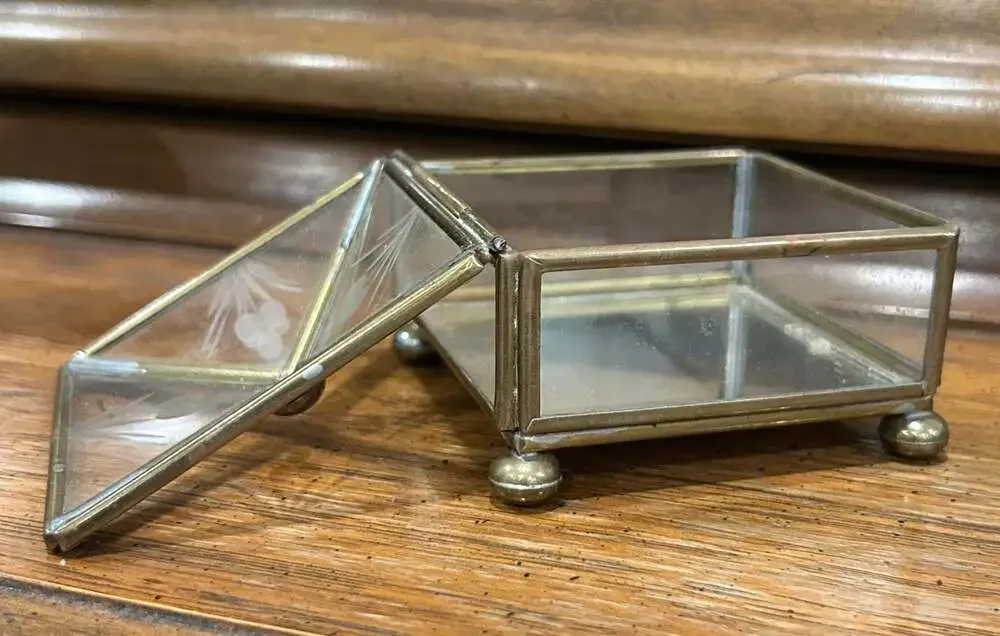 Vintage Brass and Etched Glass Footed Trinket Box with Mirrored Bottom